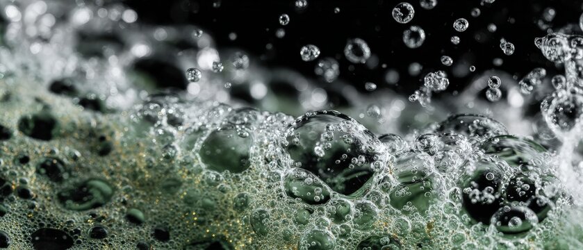 Dynamic macro shot of clear water bubbles and foam against a dark background, creating an abstract texture Capturing the essence of liquid movement, freshness, and purity