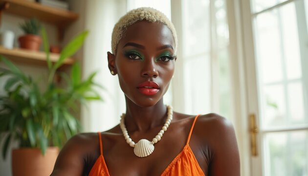 Attractive black transgender model poses indoors. Wears bright eye makeup red lipstick, orange dress. Beautiful woman with seashell necklace looks at camera. Portrait represents beauty style,