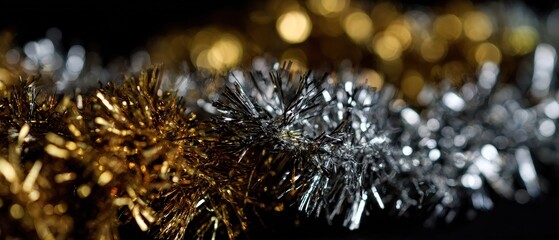 Sparkling gold and silver tinsel creating a festive holiday background with shimmering bokeh lights Elegant abstract texture for Christmas and New Year celebrations