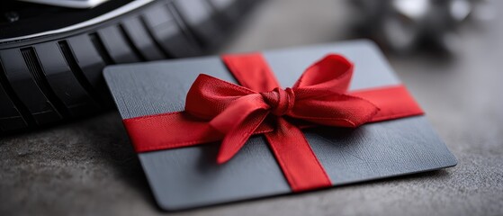 Dark grey gift card with a vibrant red ribbon bow, placed on a textured surface Concept of automotive gift, special offer, reward, and loyalty program for car services