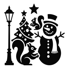 A charming black and white stencil design featuring a snowman, squirrels, a christmas tree, a lamppost, and stars, creating a festive and whimsical winter scene isolated on white background