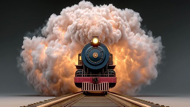 Train is blowing smoke and steam as it travels down the tracks. The scene is dramatic and intense, with the train appearing to be in the midst of a fiery explosion