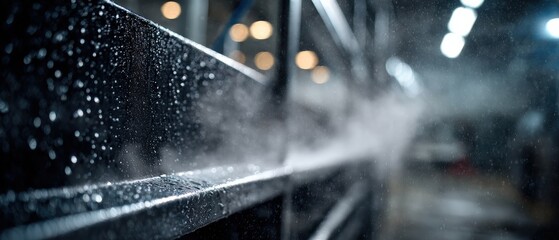 Dynamic closeup of industrial cleaning with water spray on a dark machine surface in a factory setting Emphasizing manufacturing, hygiene, and maintenance processes