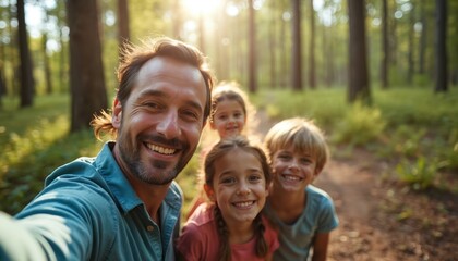 Dad takes selfie with smiling kids exploring forest path. Family enjoys sunny day outdoors on nature hike, bonding time. Children look happy on adventure trip.