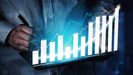 A business professional engages in data analysis on a tablet, featuring a glowing graph that showcases financial growth and modern analytics in a dynamic office setting. Copula