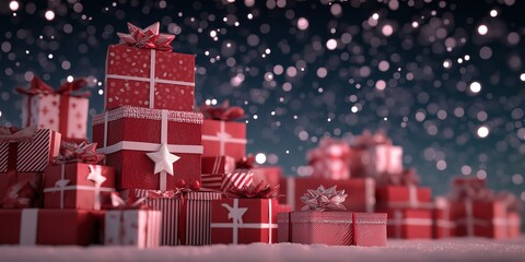 Stacked Christmas gifts on snow with glowing bokeh holiday background.