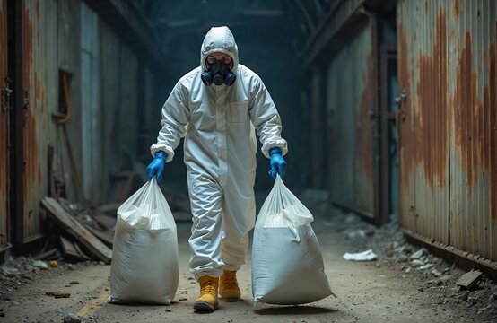 Man in hazmat suit carries waste bags in abandoned industrial building. Worker removes asbestos from ruined plant, wears protective uniform, mask and gloves, ensuring safety at hazard workplace.