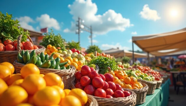 Vibrant farmers market scene with array of fresh fruits and vegetables. Baskets filled with colorful produce display under bright blue sky. Variety of organic food for sale at outdoor stall.