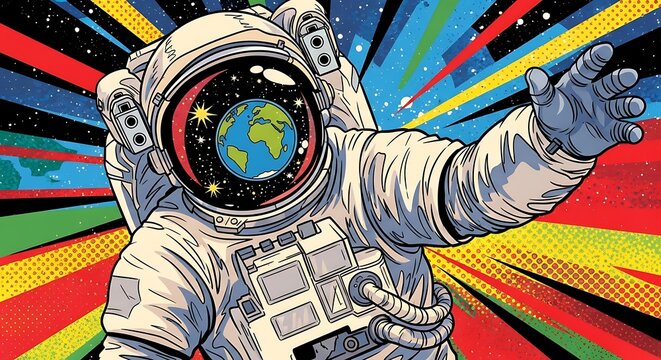 Astronaut in vibrant space art with Earth reflection and dynamic background.