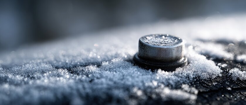 Closeup macro shot of a metallic bolt head covered in sparkling frost and ice crystals on a dark outdoor surface during a cold winter morning Concept of winter weather, cold temperatures, and natural