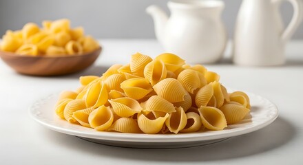 Conchiglie Pasta Served on Plate with Cooking Utensils in Background