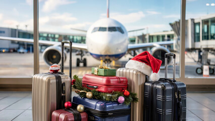 Luggage with Christmas decorations at airport terminal with airplane outside