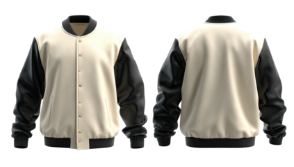 Cream/black varsity jacket, front & back views