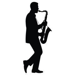 Silhouette of a man playing the saxophone, isolated on white background this image represents music, jazz, performance, and artistic expression