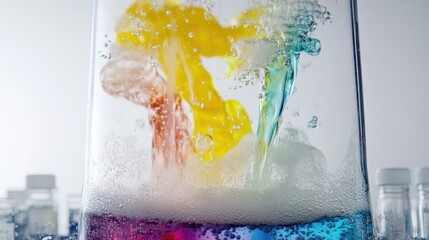 a captivating scientific display features vibrant colored liquids merging in a laboratory beaker, a study in fluid dynamics and reaction aesthetics