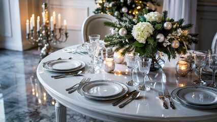 Scandinavian luxury dining room with Christmas wreath, silver baubles and fairy lights, winter holiday decor, concept of New Year celebration