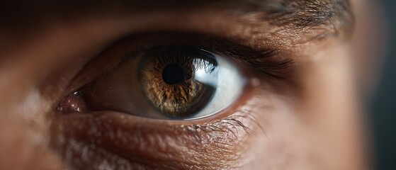 Macro closeup of a focused human eye with intricate brown iris details, reflecting light Concept of vision, perception, and human identity