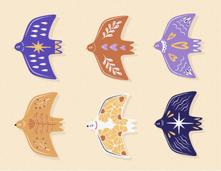 Folk birds illustration set collection