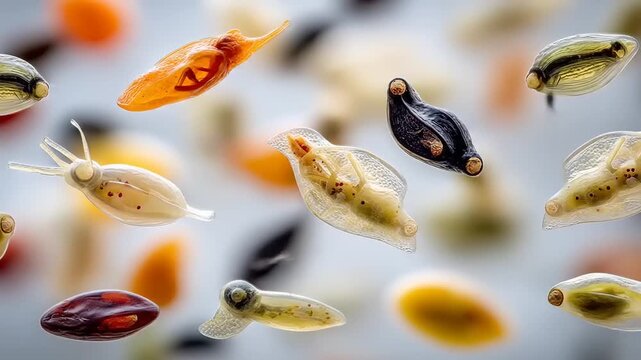 Delicate transparent and colorful floating biological forms, showcasing a detailed macro view of diverse, organic shapes with varied hues against a soft, blurred background, highlighting fine...