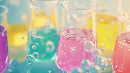 a vibrant assortment of chemical solutions bubbling merrily in glass beakers under the soft glow of laboratory lighting