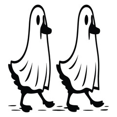 Two adorable ducklings dressed as ghosts, waddling side by side, isolated on white background, creating a whimsical and spooky scene, perfect for halloweenthemed designs and illustrations