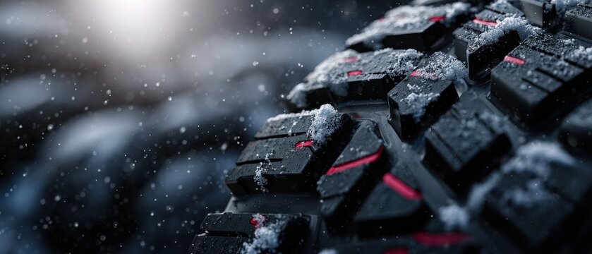 Closeup of a durable winter car tire covered in fresh snow, showcasing its robust tread pattern with red accents during a snowy day Concept of safe driving, cold weather conditions, and automotive per