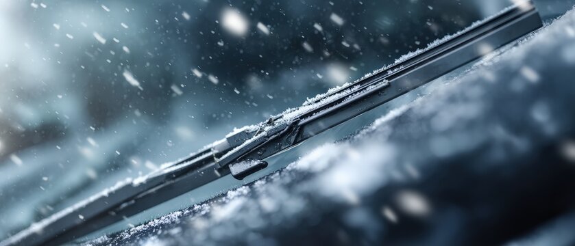 Snow falling on a car windshield and wiper blade, covered in frost and ice during a cold winter day Concept of challenging winter driving conditions and adverse weather