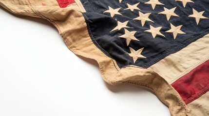 antique american flag exhibiting significant wear and tear on a stark white canvas, signifying historical depth and resilience