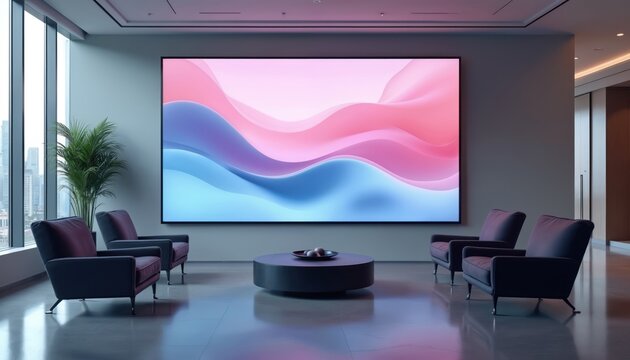 Modern office lobby with large screen displaying abstract art. Comfortable chairs and round table create waiting area. Interior design shows minimalist aesthetic in bright space with city view.