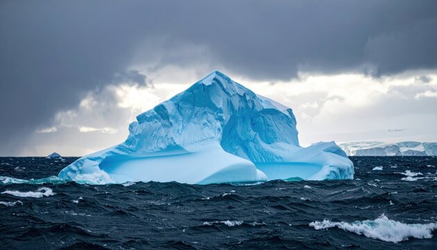 Large iceberg floating in cold ocean water under dramatic cloudy sky. Arctic or Antarctic nature, global warming, climate change, polar, glacier, sea ice, natural scenery, blue ice, environment, 