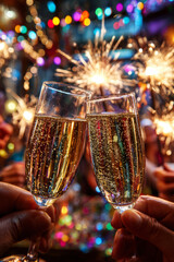 Champagne glasses clinking in celebration, surrounded by vibrant festive lights and sparklers, capturing the essence of a joyful New Year's Eve toast filled with effervescent bubbles and excitement