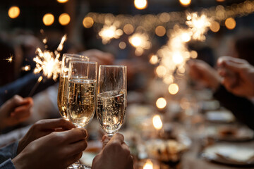 Champagne glasses clinking together during a festive New Year's Eve celebration, sparkling bubbles rising, surrounded by glowing sparklers and blurred silhouettes of joyful revelers creating a magical