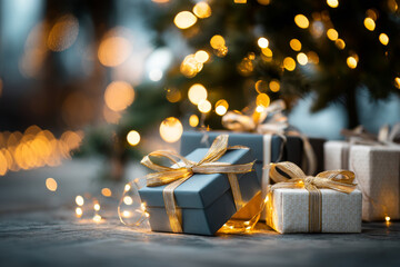 Christmas presents of various sizes arranged under a beautifully glowing tree, adorned with warm fairy lights and shiny ribbons, creating a cozy atmosphere filled with peace and anticipation