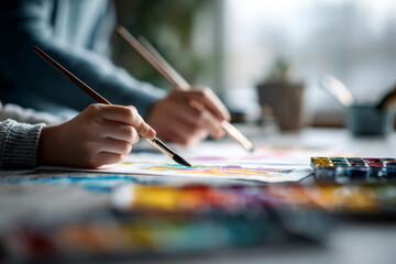Two individuals engaged in watercolor painting, using brushes on paper, with vibrant colors and art supplies scattered on a table, showcasing creativity and artistic expression