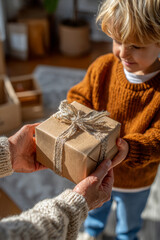 Young boy with blonde hair receiving a beautifully wrapped gift from an adult in a cozy indoor setting, showcasing the joy of giving and receiving during festive occasions