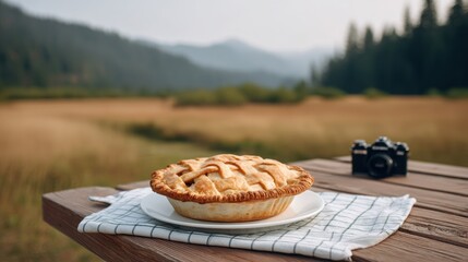 rural lifestyle blogger Rustic pie on a picnic table with mountains in the background, evoking a serene outdoor atmosphere.