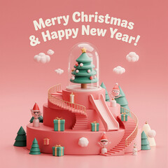 Whimsical Elves on Pink Christmas Landscape