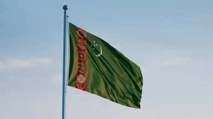 Turkmenistan, Ashgabat: Cinematic Waving National Flag Against Blue Sky