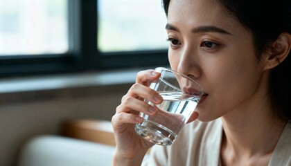 Close-up of a young woman drinking cool water from a glass near a bright window, capturing a moment of calm and mindfulness focused on hydration and a healthy lifestyle.

