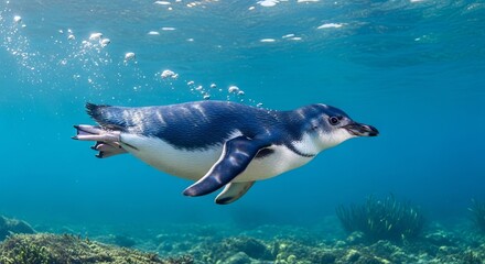 Fairy penguin walking along the shore with its small body and blue-gray feathers. The world&rsquo;s smallest penguin, symbol of charm, coastal life, and wildlife.
