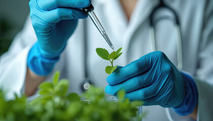 Scientist in white coat, blue gloves carefully examines small green plant. Pipette drops nutrient liquid onto young leaves for agricultural science. Lab experiment supports plant growth botany,
