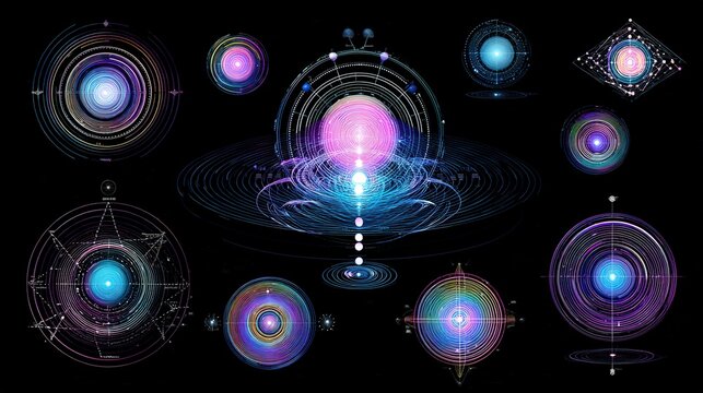Collection of intricate, glowing geometric orbs and abstract celestial diagrams set against a stark black background