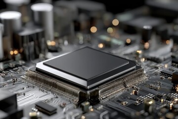 High tech microchip placed on circuit board, showcasing intricate details and connections, symbolizing advanced technology and innovation