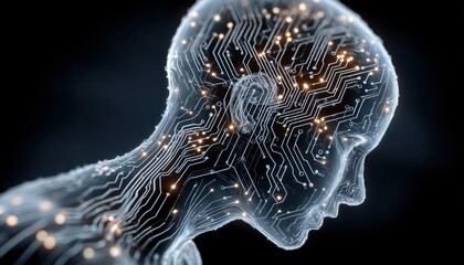 Transparent head silhouette filled with intricate circuits and glowing lights, symbolizing technology and innovation