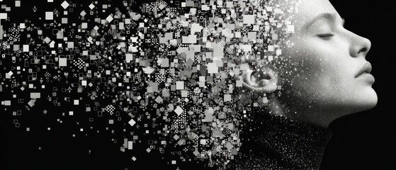 Serene profile of person with dissolving effect, showcasing geometric particles monochrome. image evokes sense of transformation and introspection