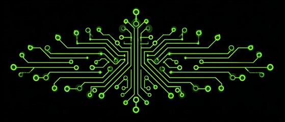 Digital circuit design featuring symmetrical lines and nodes, representing binary decision tree. glowing green lines create striking visual effect
