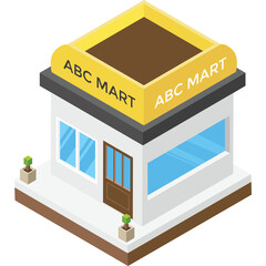 Isometric Store Building With Yellow Signage And Green Plants In Front White Walls Blue Windows Brown Door And Dark Roof And Ground Detail In Sunlight Lighting