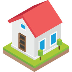 Isometric White House With Red Roof And Green Lawn Surrounded By Brown Ground Isolated On Transparent Background