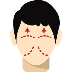 Illustration of a male face with red dashed lines indicating areas for cosmetic enhancement and facial rejuvenation procedures with a white background