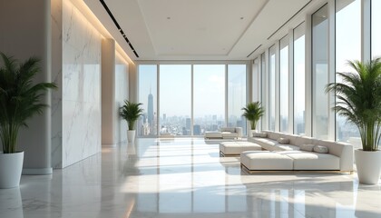 Spacious bright living room with panoramic cityscape view. Modern apartment interior with large windows, sofa, green plants. Luxury minimal design at sunlight. Stylish lounge zone overlooking